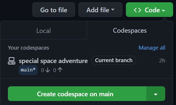 the create codespace button