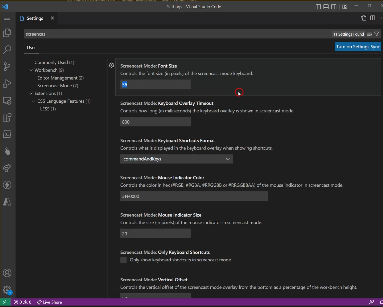 screencast settings with mouse